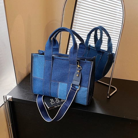 Bolso Tote De Mezclilla Patchwork Para Mujer Gran Capacidad Color De Contraste Costuras Bolso De Mano Correa Ajustable