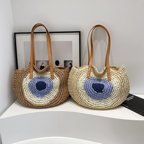Runde Stroh-Umhängetasche Evil Eye Muster Böhmische Sommer Strandtasche Für Damen Mit Kunstlederriemen