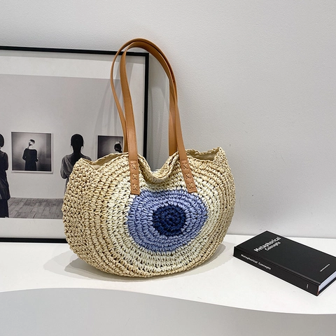 Runde Stroh-Umhängetasche Evil Eye Muster Böhmische Sommer Strandtasche Für Damen Mit Kunstlederriemen