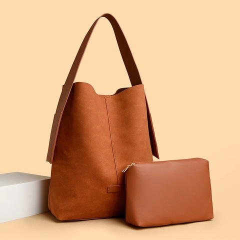 Large Capacity Shoulder Bag With Inner Pouch Matte Suede Feel PU Leather Retro Minimalist Tote Handbag Women Office Travel