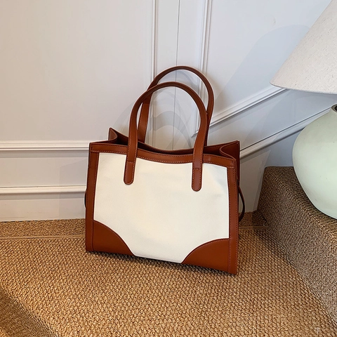 Borsa Tote Grande Capacità Tela Pelle PU Patchwork Contrasto Colore Spalla Tracolla Donna Retro Urban Commute
