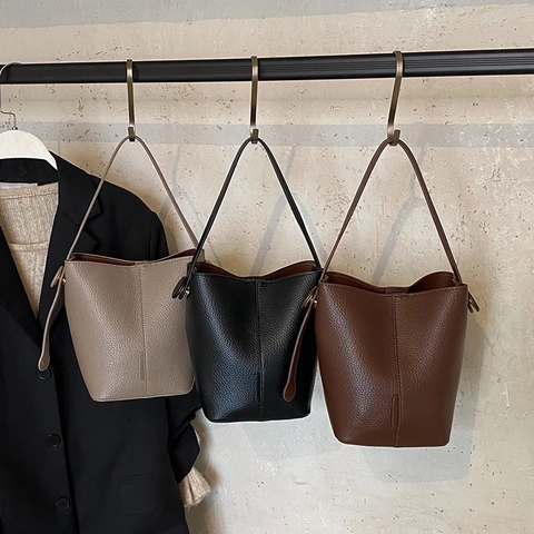Women Lychee Texture PU Leather Bucket Bag Retro Minimalist Niche Solid Color Crossbody Handbag With Adjustable Strap