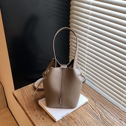 Women Lychee Texture PU Leather Bucket Bag Retro Minimalist Niche Solid Color Crossbody Handbag With Adjustable Strap