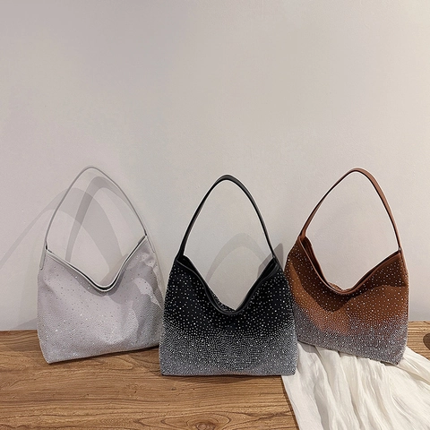 Women Rhinestone Hobo Bag Gradient Sparkly Diamond Large Capacity Underarm Shoulder Handbag Retro Elegant Evening Party