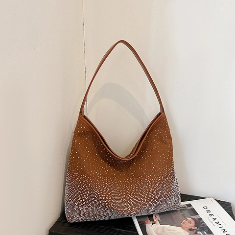Women Rhinestone Hobo Bag Gradient Sparkly Diamond Large Capacity Underarm Shoulder Handbag Retro Elegant Evening Party