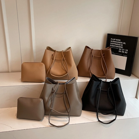 Bolso Tote Grande Y Estuche Cuir PU Grano Lichi Cierre Cordón Alta Capacidad Vintage Para Mujeres
