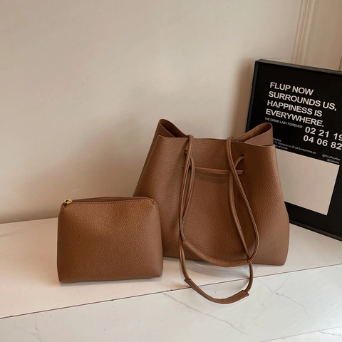 Bolso Tote Grande Y Estuche Cuir PU Grano Lichi Cierre Cordón Alta Capacidad Vintage Para Mujeres