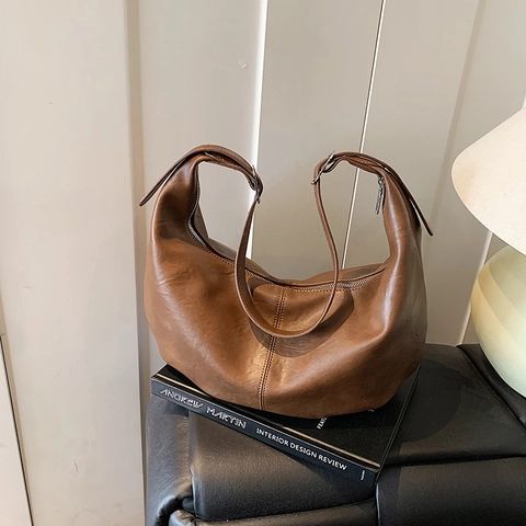 Borsa Hobo Donna Pelle PU Grande Capacità Tinta Unita Retro Borsa A Spalla Tracolla Minimalista Versatile A Mano
