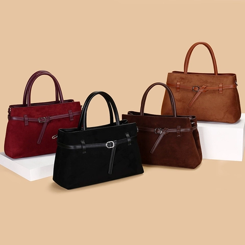 Vintage Suede Tote Bag Large Capacity Women Handbag Commuting Crossbody Bag With Adjustable Strap Buckle Decor Solid Color