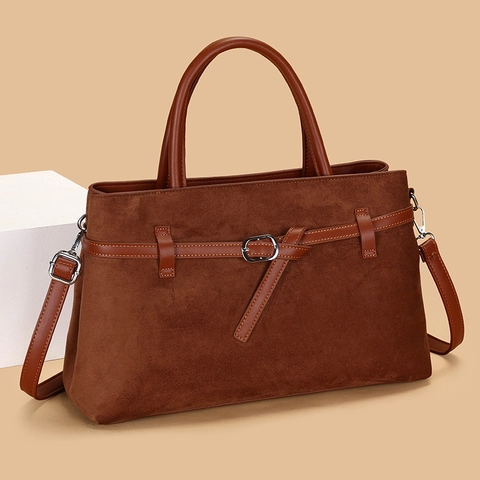 Vintage Suede Tote Bag Large Capacity Women Handbag Commuting Crossbody Bag With Adjustable Strap Buckle Decor Solid Color