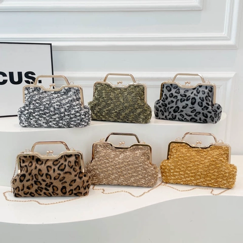 Borsa Da Sera Vintage Leopardata Tessuto Bouclé Chiusura Kiss Lock Manico In Metallo Catena Rimovibile Tracolla Per Donna