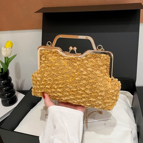 Borsa Da Sera Vintage Leopardata Tessuto Bouclé Chiusura Kiss Lock Manico In Metallo Catena Rimovibile Tracolla Per Donna