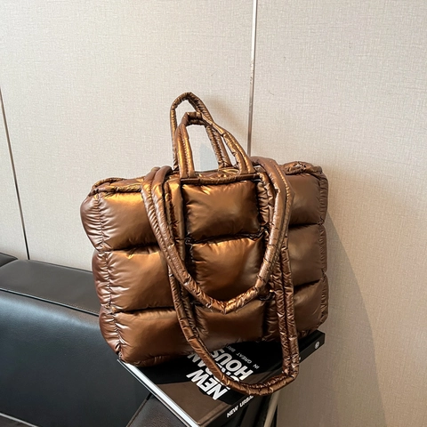 Women Fashion Metallic Puffer Tote Bag Large Capacity Quilted Oxford Cloth Shoulder Bag Crossbody Bag Daily Underarm Bag