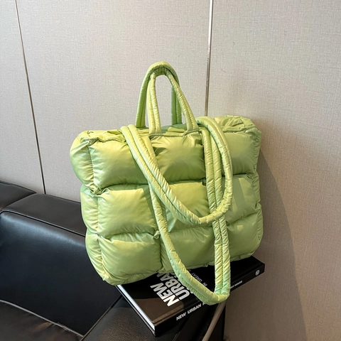Women Fashion Metallic Puffer Tote Bag Large Capacity Quilted Oxford Cloth Shoulder Bag Crossbody Bag Daily Underarm Bag