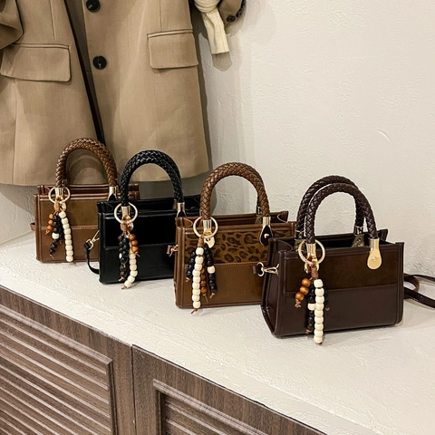 Women PU Leather Handbag Braided Handle Patchwork Small Square Crossbody Bag With Bead Tassel Decoration