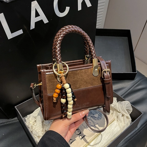 Women PU Leather Handbag Braided Handle Patchwork Small Square Crossbody Bag With Bead Tassel Decoration