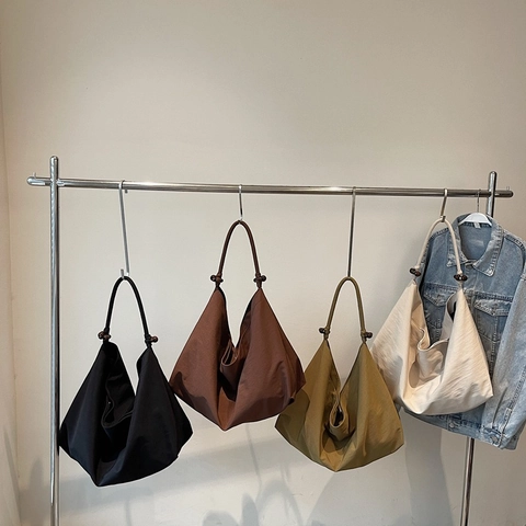 Large Capacity Canvas Tote Bag For Women Solid Color Hobo Shoulder Bag With Wooden Bead Decor Casual Retro Handbag