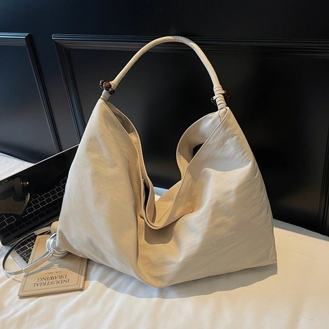 Large Capacity Canvas Tote Bag For Women Solid Color Hobo Shoulder Bag With Wooden Bead Decor Casual Retro Handbag