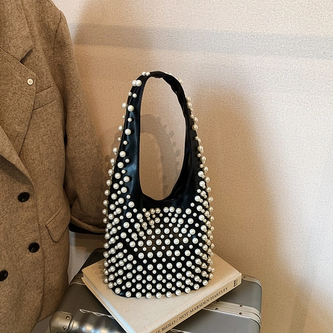 Women Vintage Faux Artificial Pearl Hobo Bag PU Leather Underarm Bag Elegant Rivet Decoration Handbag Solid Color Shoulder Bag