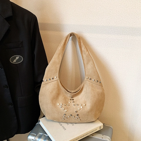 Hobo Tasche Aus Wildleder Für Damen Mit Retro Nieten Sternmuster Große Kapazität Halbmond Schultertasche