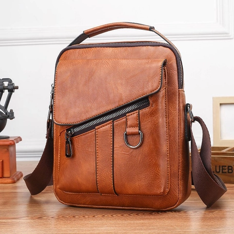 Vintage PU Leder Umhängetasche Für Herren Wasserdicht Retro Schultertasche Messenger Bag Mit Griff Und Reißverschluss