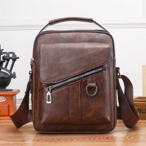 Vintage PU Leder Umhängetasche Für Herren Wasserdicht Retro Schultertasche Messenger Bag Mit Griff Und Reißverschluss