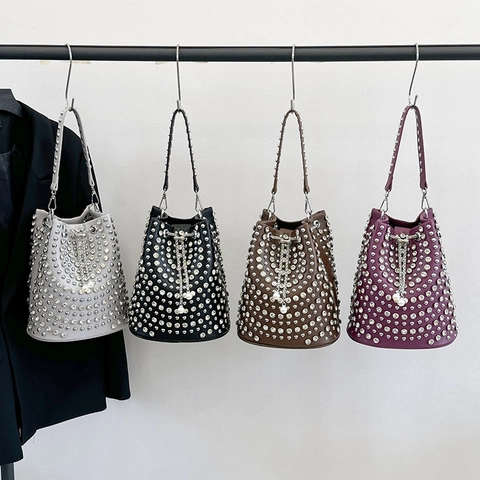 Women Bucket Bag PU Leather Rivet Rhinestone Artificial Pearl Drawstring Chain Strap Large Capacity Shoulder Crossbody Fashion