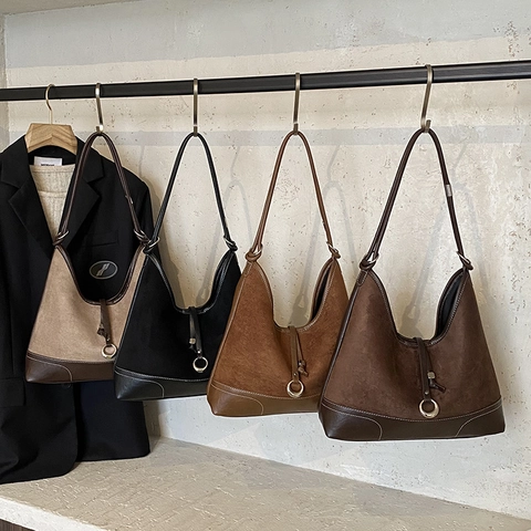 Retro Suede Leather Patchwork Hobo Underarm Shoulder Bag For Women Large Capacity Casual Commute With Metal Ring