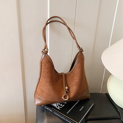 Retro Suede Leather Patchwork Hobo Underarm Shoulder Bag For Women Large Capacity Casual Commute With Metal Ring