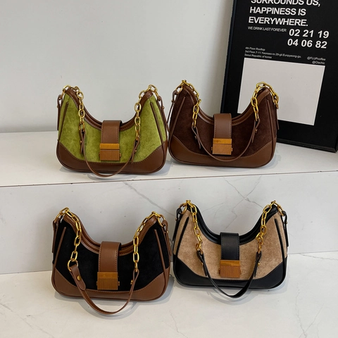 Borsa Hobo Mezzaluna Patchwork Pelle PU Camoscio Catena Dorata Tracolla Stile Retrò Francese Donne