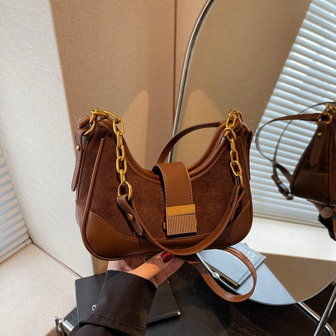 Borsa Hobo Mezzaluna Patchwork Pelle PU Camoscio Catena Dorata Tracolla Stile Retrò Francese Donne
