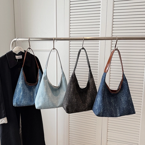Women Large Capacity Denim Hobo Shoulder Bag Vintage Rhinestone Sparkle Tote Underarm Handbag With PU Leather Straps