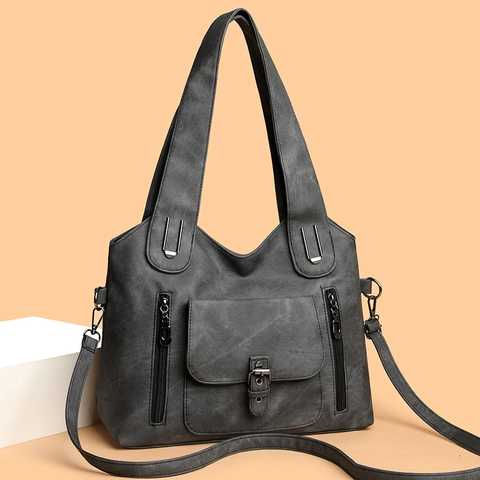 Vintage Washed PU Leather Handbag With Front Flap Pocket And Zipper Pockets Retro Large Capacity Tote For Women