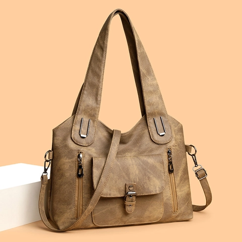 Vintage Washed PU Leather Handbag With Front Flap Pocket And Zipper Pockets Retro Large Capacity Tote For Women