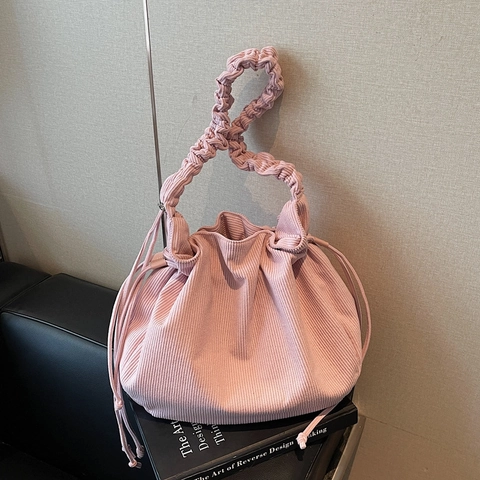Corduroy Shoulder Bag Large Capacity Solid Color Pleated Strap Drawstring Cloud Underarm Bag For Women