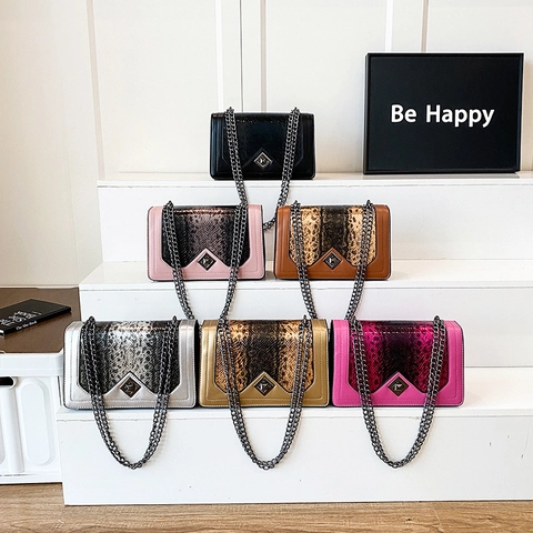 Women Snake Print Patchwork Crossbody Bag PU Leather Square Shoulder Bag With Metal Chain Geometric Lock Elegant