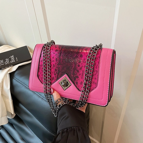 Women Snake Print Patchwork Crossbody Bag PU Leather Square Shoulder Bag With Metal Chain Geometric Lock Elegant