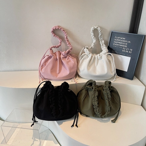 Corduroy Shoulder Bag Large Capacity Solid Color Pleated Strap Drawstring Cloud Underarm Bag For Women
