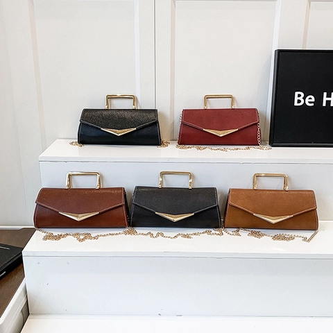 Women Crossbody Bag PU Leather Pebble Grain Gold Metal Handle Chain Strap Retro Square Envelope Fashion Handbag
