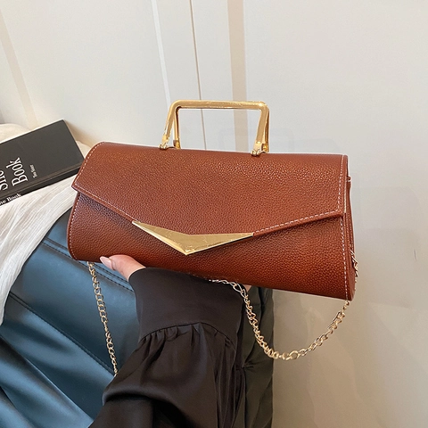 Women Crossbody Bag PU Leather Pebble Grain Gold Metal Handle Chain Strap Retro Square Envelope Fashion Handbag