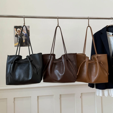 Borsa Tote Grande Capacità Donna Morbida Pelle PU Minimalista Retro Nodo Coulisse Borsa A Spalla Con Pochette Interna