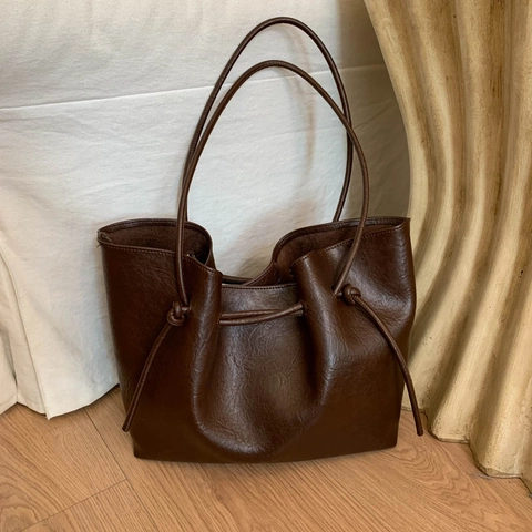 Borsa Tote Grande Capacità Donna Morbida Pelle PU Minimalista Retro Nodo Coulisse Borsa A Spalla Con Pochette Interna