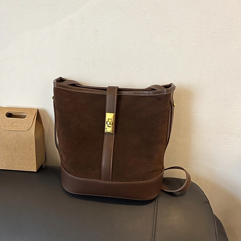 Vintage Wildleder PU Leder Eimertasche Für Damen Retro Casual Schulter Umhängetasche Mit Metallschloss Verstellbarer Riemen