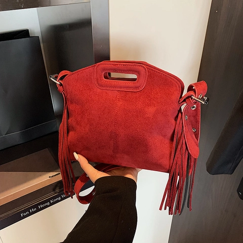 Suede Fringe Shoulder Bag Retro Tassel Crossbody Handbag With Cut-out Handle And Adjustable Eyelet Strap For Women