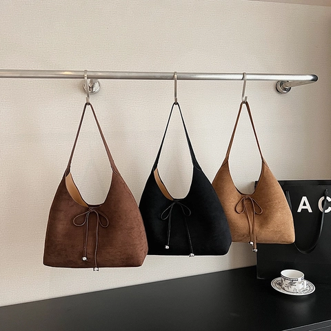 Hobo Bag Suede Large Capacity Women Shoulder Handbag With Bow Tie And Silver Metal Beads Commuter Casual Fashion