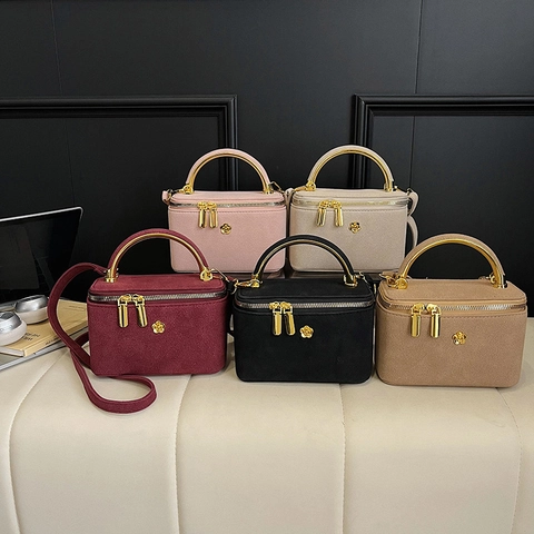 Vintage Suède Textuur Mini Crossbody Box Tas Met Gouden Metalen Handvat Elegante Bloem Decor Vanity Case Handtas Voor Dames