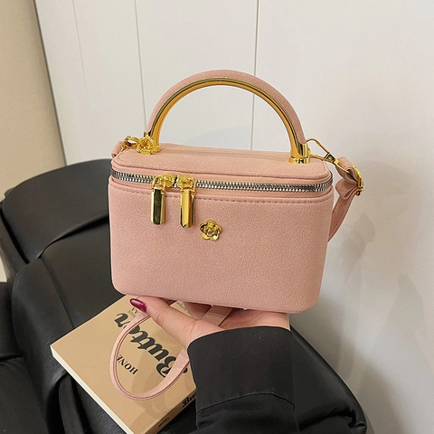 Vintage Suède Textuur Mini Crossbody Box Tas Met Gouden Metalen Handvat Elegante Bloem Decor Vanity Case Handtas Voor Dames