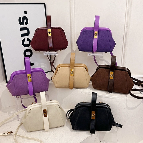 Vintage Suede PU Leather Doctor Bag Women Retro Top Handle Handbag With Gold Turn Lock Adjustable Strap Casual Versatile