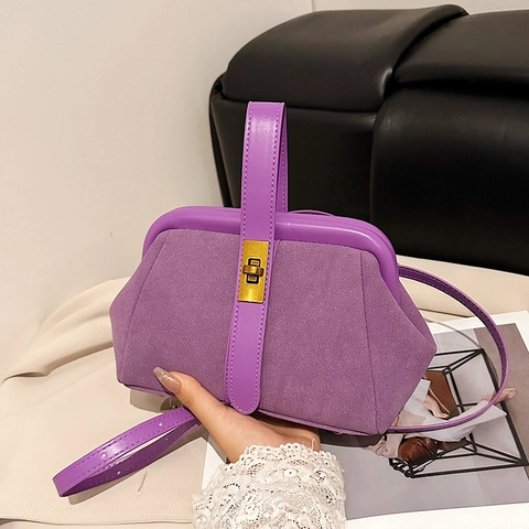 Vintage Suede PU Leather Doctor Bag Women Retro Top Handle Handbag With Gold Turn Lock Adjustable Strap Casual Versatile