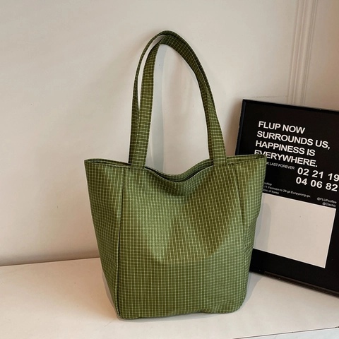 Karierte Canvas Tote Bag Große Kapazität Gittermuster Schulterhandtasche Für Frauen Lässiger Minimalistischer Stil